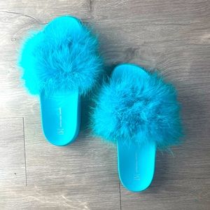 INC International Concepts Teal Fuzzy Slide Sandals